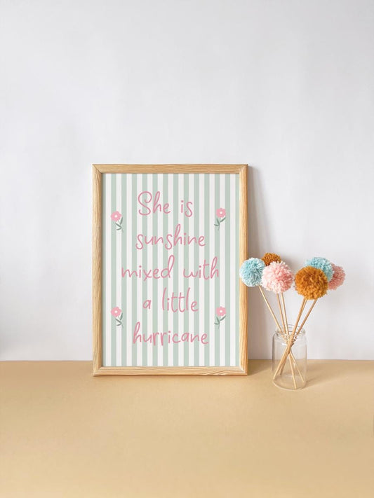She is sunshine mixed with a little hurricane green striped wall print for girls bedroom, nursery or playroom
