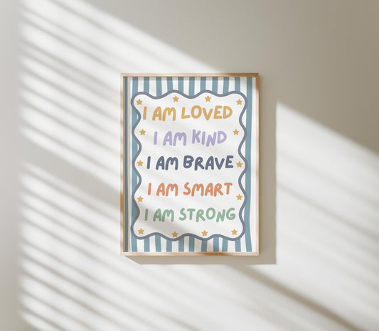 childrens pink striped affirmation wall print for bedroom or nursery, i am loved i am kind i am enough