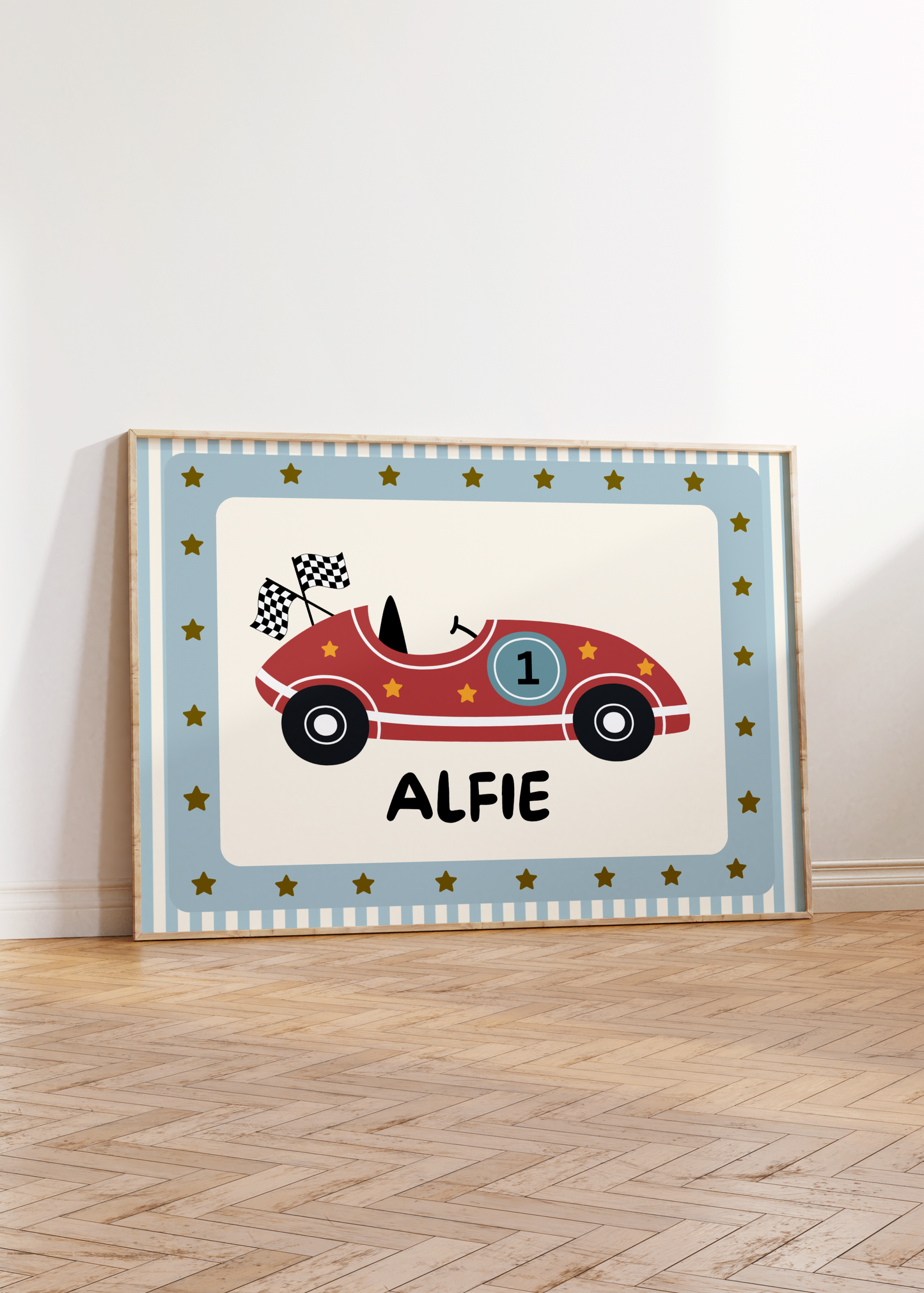 Boys personalised racing car print for bedroom or nursery