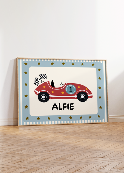 Boys personalised racing car print for bedroom or nursery