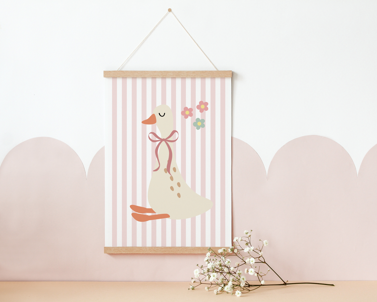 Cute Goose Print for Girls Room | Pink Striped Nursery Decor | Sweet Baby Wall Art | Soft Boho Bedroom Print | Scandinavian Style Poster