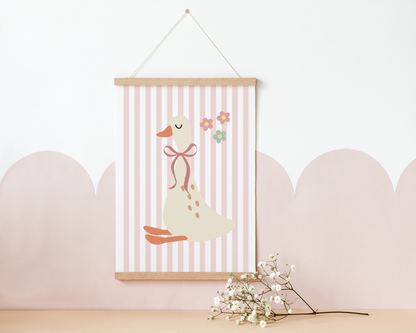 Cute Goose Print for Girls Room | Pink Striped Nursery Decor | Sweet Baby Wall Art | Soft Boho Bedroom Print | Scandinavian Style Poster