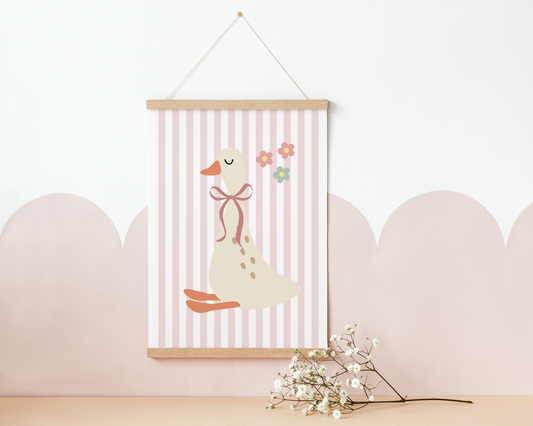 Cute Goose Print for Girls Room | Pink Striped Nursery Decor | Sweet Baby Wall Art | Soft Boho Bedroom Print | Scandinavian Style Poster