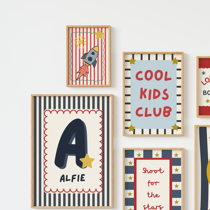 Personalised Cool kids club gallery Wall set , boys moon and stars print set