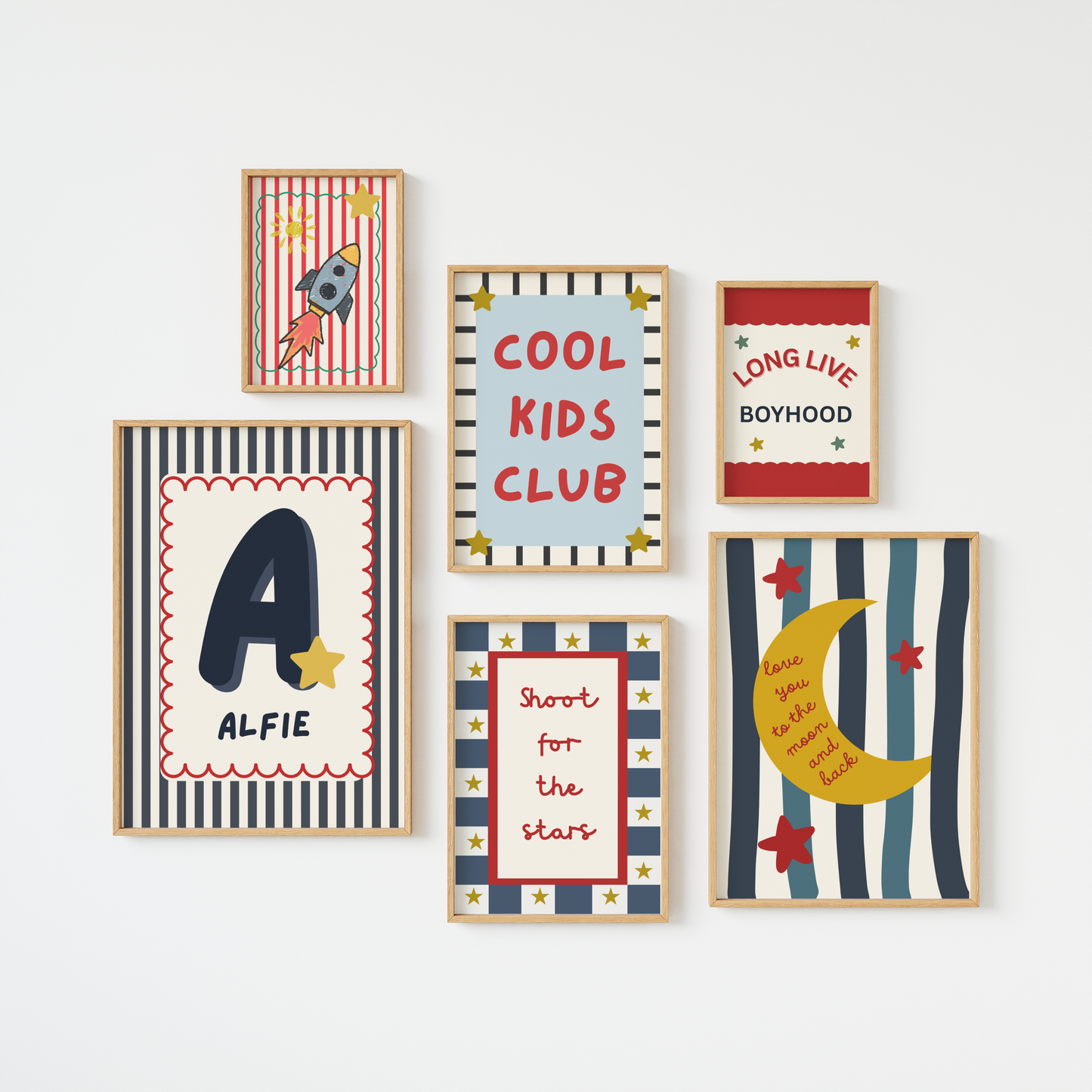 Personalised Cool kids club gallery Wall set , boys moon and stars print set