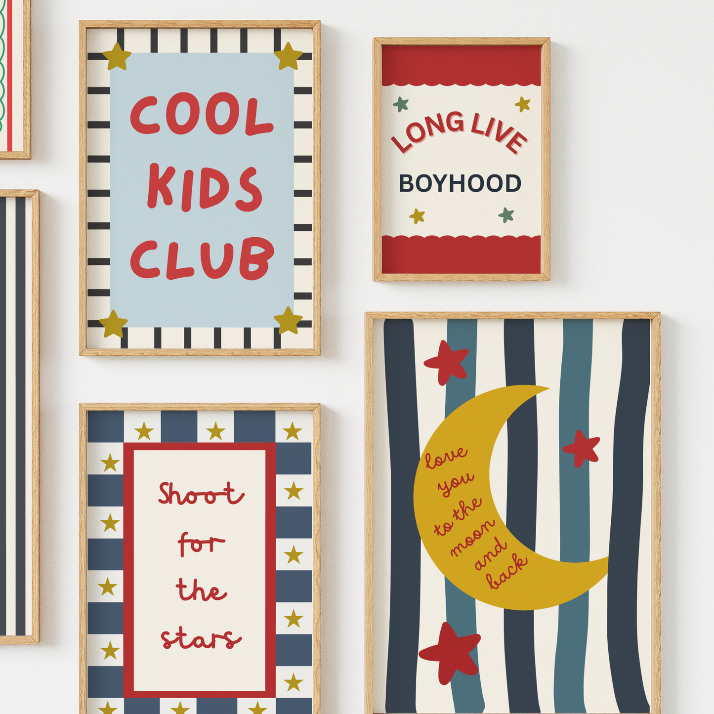 Set of colorful children's wall art prints on a white background