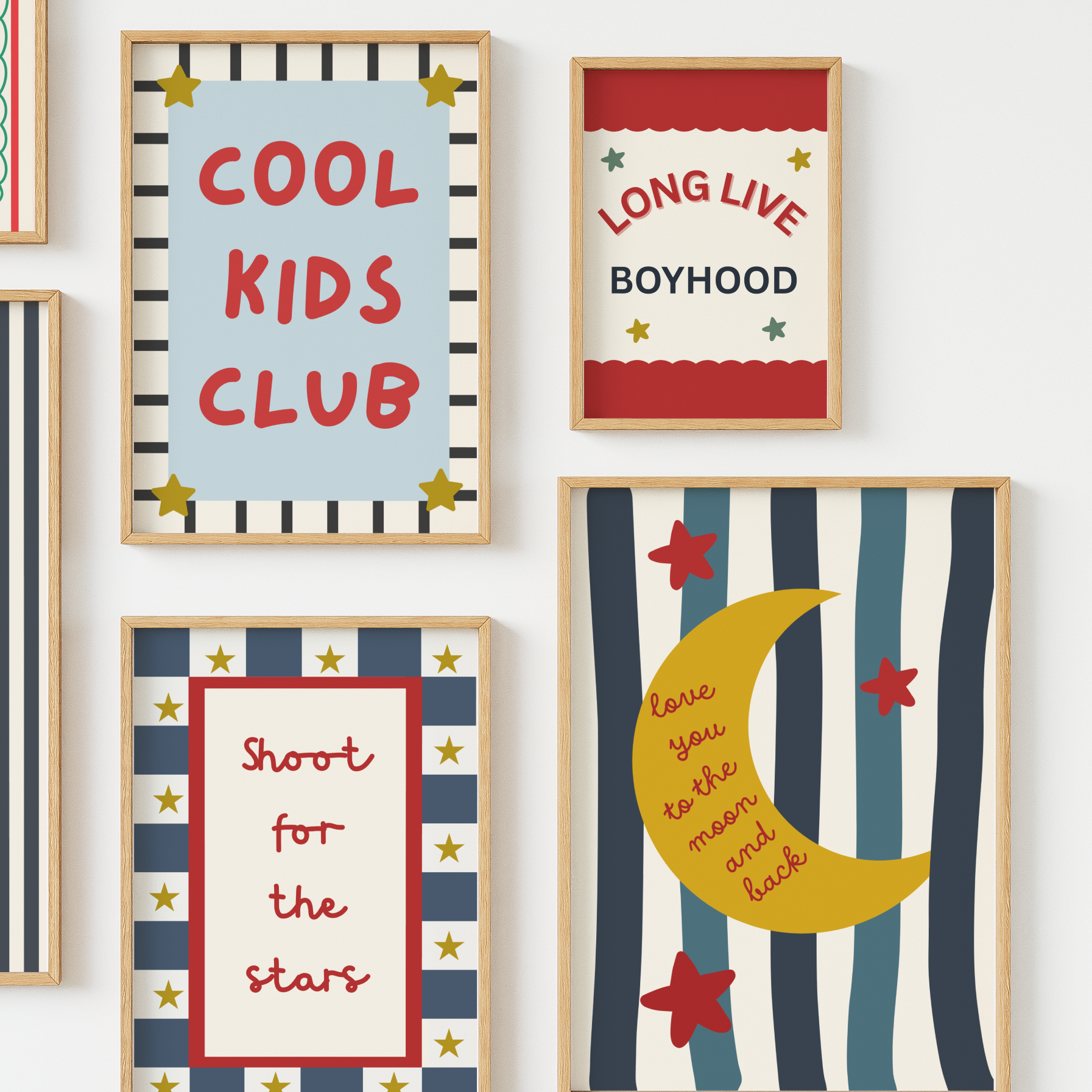 Set of colorful children's wall art prints on a white background