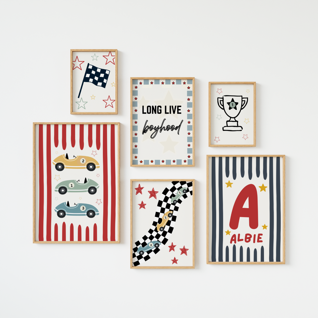 Personalised gallery wall set,of 6  racing car themed car print set for boys nursery or bedroom