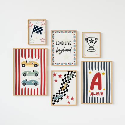 Personalised gallery wall set,of 6  racing car themed car print set for boys nursery or bedroom